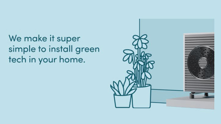 Illustration of a home heat pump with plants and text about installing green technology by Thermly.