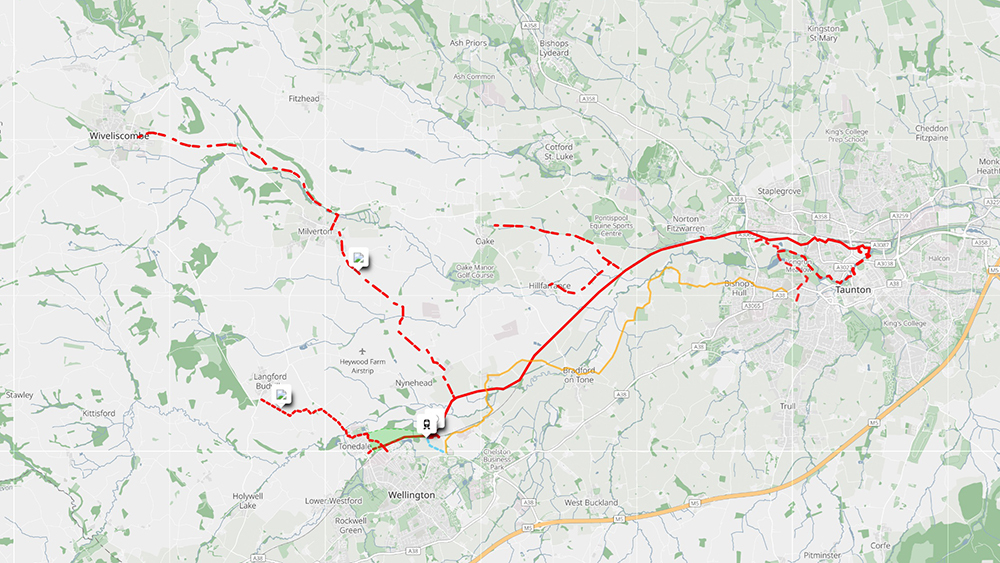 Map of the Grand Western Greenway route showing planned path from Taunton to Wellington and Wiveliscombe.