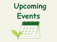 Illustration of a green calendar with leaves and the words ‘Upcoming Events’ in bold green text on a light background.