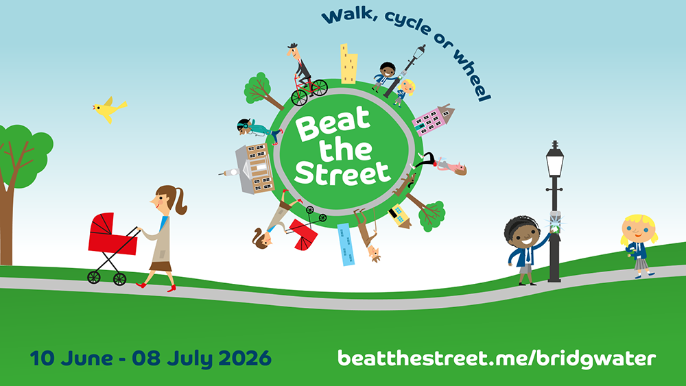SASP promotional graphic for Bridgwater's Beat the Street physical activity game, featuring people & landmark pictograms.