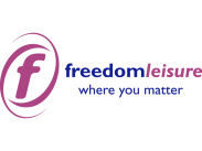 Freedom Leisure logo with a stylised white lowercase “f” on a pink background, alongside a dark blue block with brand text.