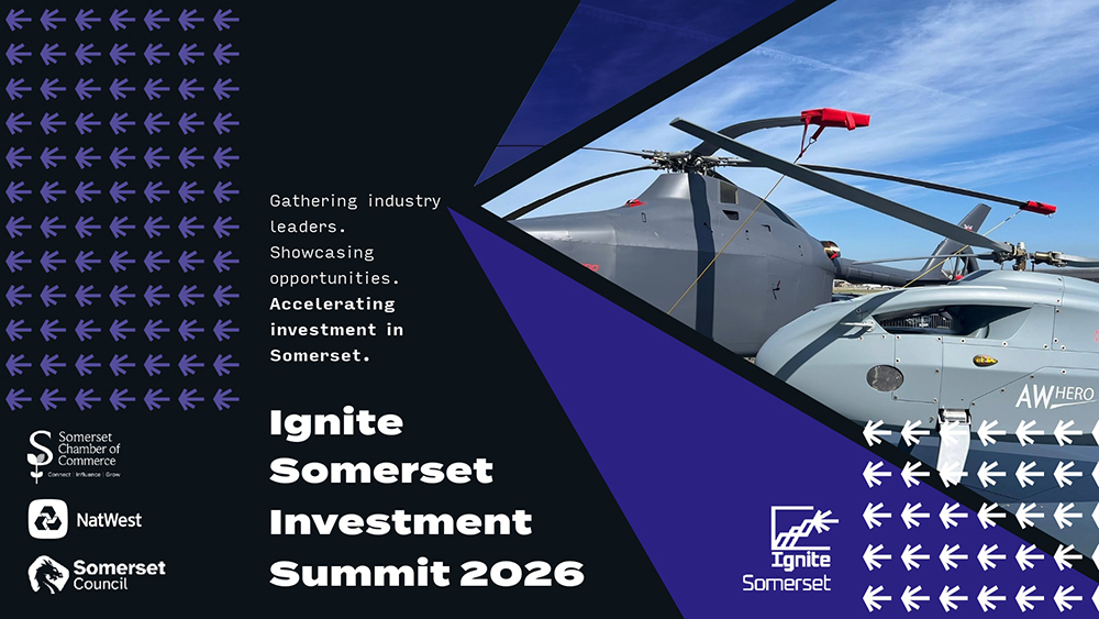Helicopters on display beside “Ignite Somerset Investment Summit 2026” branding, with text about industry leaders and investment in Somerset.