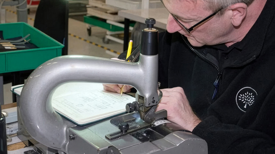 Close-up of a person operating workshop machinery, marking material, representing local skills supported by the Mulberry Fund.