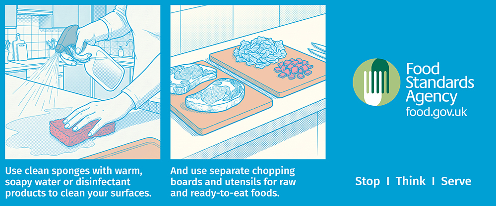 Food safety campaign urging people to keep towels and sponges clean and separate raw food from ready-to-eat items.