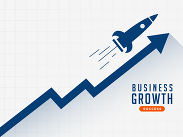 Rocket launching along upward arrow line graph symbolising business growth, rapid progress and success against a grid background.