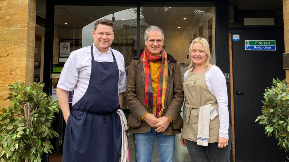 Jim (left), Councillor David Woan (centre) and Chloe (right) outside The Acorn entrance in Yeovil during a #TalkThingsUp visit.