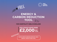 Promotional graphic advertising a free energy and carbon reduction tool for hospitality SMEs, highlighting potential savings of over £2,000 per year.