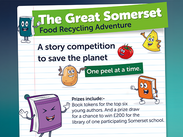 Poster for Great Somerset Food Recycling Adventure story competition with cartoon food characters and eco message, plus prize details.