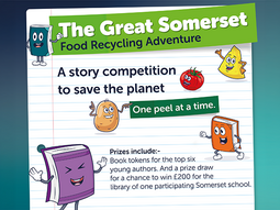 Poster for Great Somerset Food Recycling Adventure story competition with cartoon food characters and eco message, plus prize details.