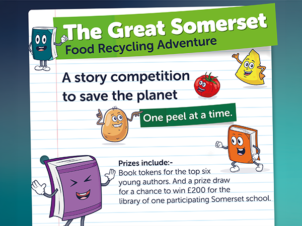 Poster for Great Somerset Food Recycling Adventure story competition with cartoon food characters and eco message, plus prize details.