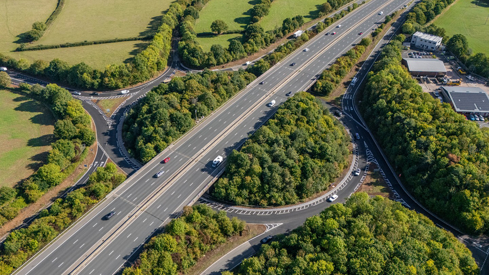 Aerial view of roads at junction 26 of the M5 motorway.