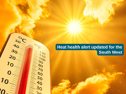 Thermometer showing high temperatures under bright sun and clouds, with text highlighting a heat health alert in the South West.