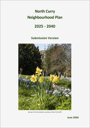 Cover page of North Curry Parish Council's Neighbourhood Development Plan 2025–2040, featuring spring flowers and churchyard scene.