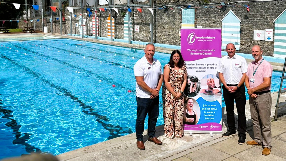 Cllr Federica Smith-Roberts (second from left), with Freedom Leisure representatives and a Somerset Council officer (right).
