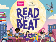 Read to the Beat campaign image featuring children playing music, singing and reading against a colourful city skyline backdrop.