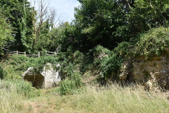 Historic stone lime kiln at Ham Hill, partially covered by vegetation and set against a wooded hillside.