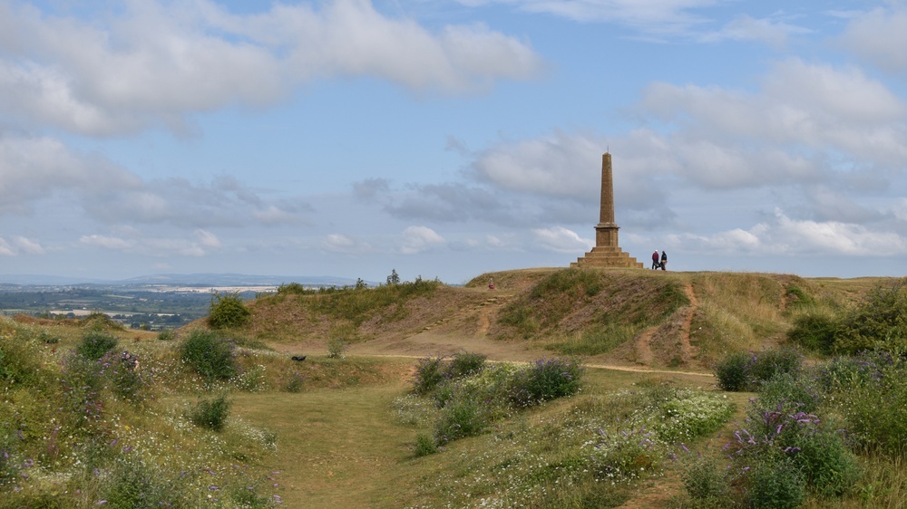 Ham Hill war memorial on a grassy hill surrounded by wildflowers and countryside views.