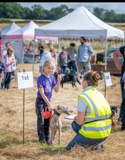 A child and dog take part in judging at the Ham Hill Dog Show 2023, with event tents and spectators in the background.