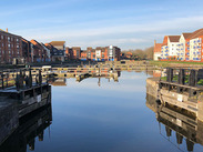 Bridgwater Docks, view of water and surrounding buildings.