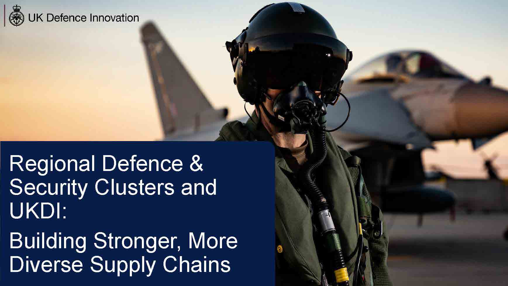 UK Defence Innovation campaign image showing a pilot beside an aircraft, promoting defence supply chain opportunities for businesses.