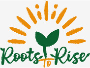 Roots to Rise logo featuring a green sprouting plant, sun rays and handwritten text symbolising youth climate action.