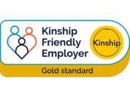 Kinship Friendly Employer Gold Standard logo featuring three linked figures and Kinship branding.