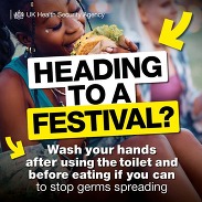 UK Health Security Agency festival health campaign graphic showing a person eating a burger with handwashing advice text.