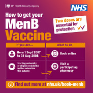 UKHSA and NHS graphic explaining how eligible young people can get the MenB vaccine online or at a participating pharmacy.