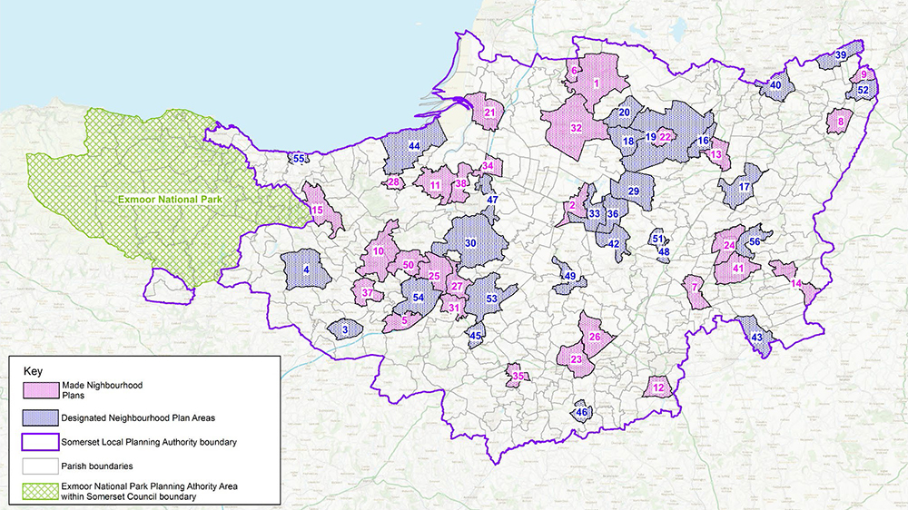 Map of Somerset showing made and designated neighbourhood plan areas, parish boundaries and Exmoor National Park planning area.