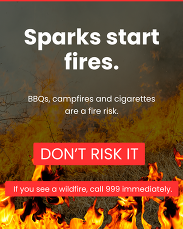 Wildfire warning graphic showing flames in dry grassland, urging people to avoid fire risks and call 999 if a wildfire is spotted.