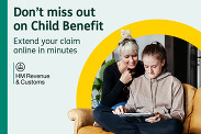 HMRC Child Benefit campaign showing a young person using a tablet with an adult, promoting online claim extensions.