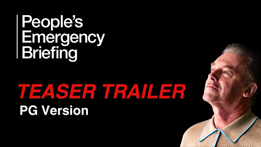 Teaser trailer image for People’s Emergency Briefing, with title text and a person shown in profile against a black background.