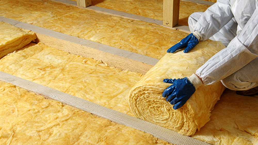 Loft insulation fitted between roof joists to improve a home’s energy efficiency.