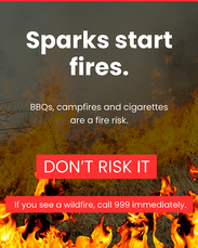 Wildfire warning graphic showing flames in dry grassland, urging people to avoid fire risks and call 999 if a wildfire is spotted.