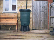 Water butt collecting rainwater beside a garden shed to help reduce mains water use.