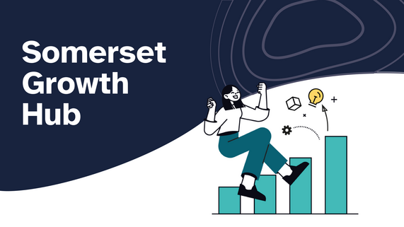 Somerset Growth Hub graphic showing a person climbing a rising bar chart with icons representing innovation, growth and business support.