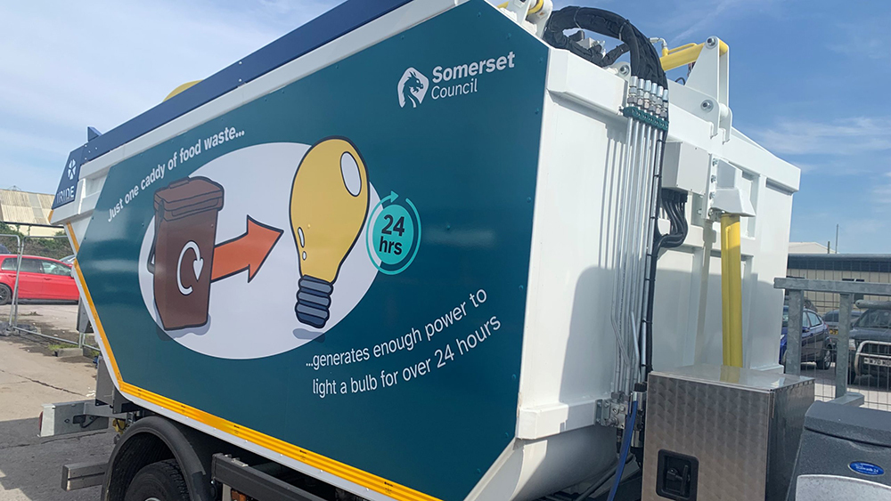 Food Waste Truck operated by Somerset Council, showing new food waste recycling vehicle with energy graphic on the side.