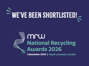 Graphic announcing National Recycling Awards 2026 shortlisting, with event details on a purple background.