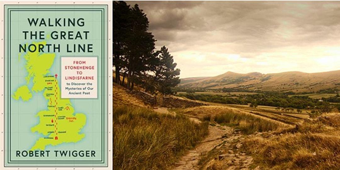 Walking the Great North line book cover by Robert Twigger plus countryside landscape photo