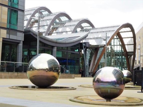 Winter Garden Sheffield with silver spheres in foreground