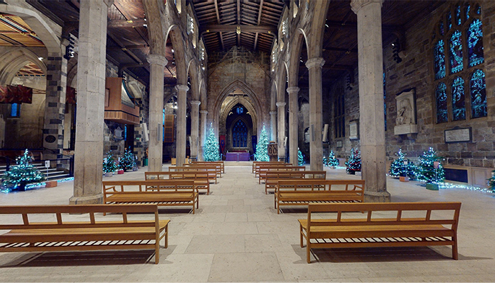 Sheffield Cathedral view down the aisle with pews either side