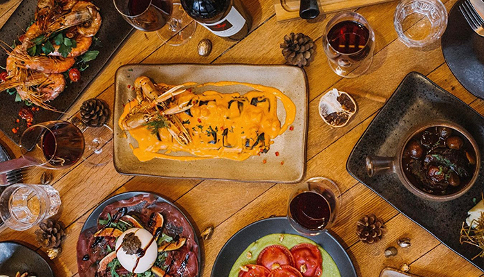 Plates of food laid out on a table