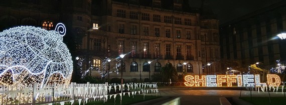 Peace Gardens giant bauble and Sheffield sign in lights for Christmas