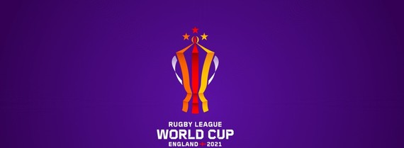 Graphic with purple background and Rugby League World Cup trophy