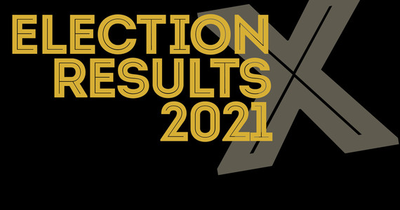 Graphic with large grey X on black background and text Election results 2021
