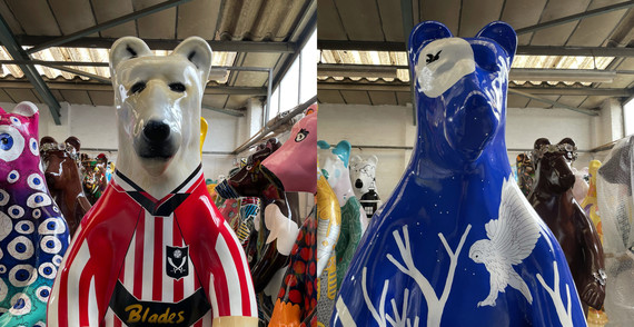 Two bears of Sheffield large bear sculptures each decorated in the colours of either Sheffield United or Sheffield Wednesday FC