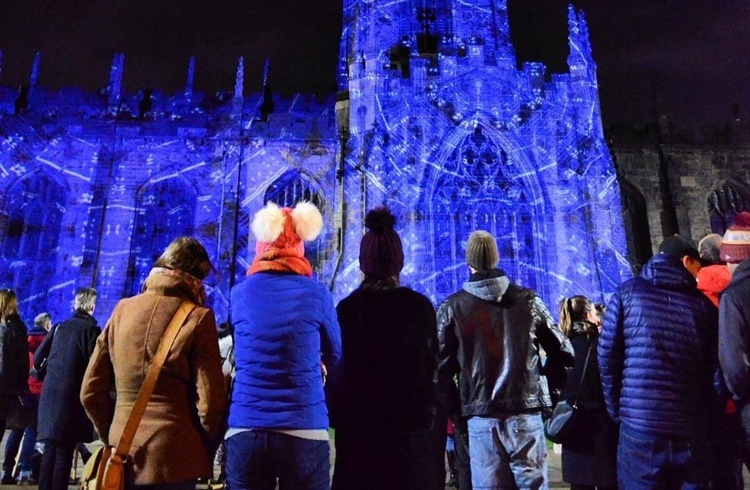 Sheffield Cathedral lit up by blue lights