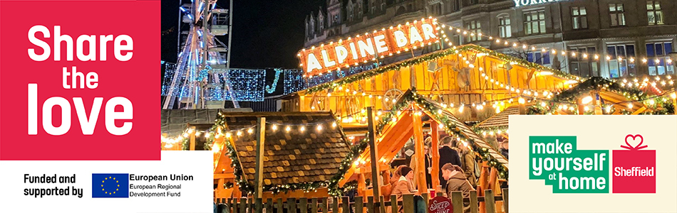 Alpine bar sign in lights with lit up Christmas market stalls and big wheel text Share the Love