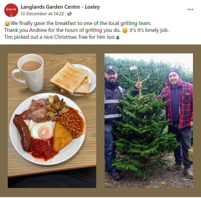 Facebook post from Langlands garden centre gritter driver and tree and pic of full English breakfast they gave him