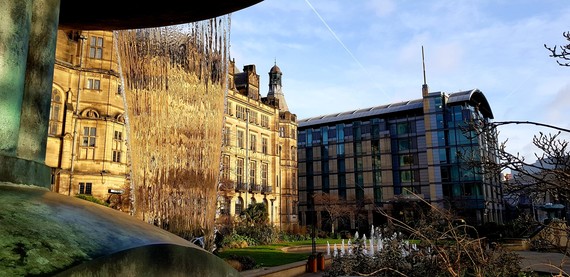 Peace Gardens, Sheffield Town Hall viewed with the water cascade to the left and fountains in the distance